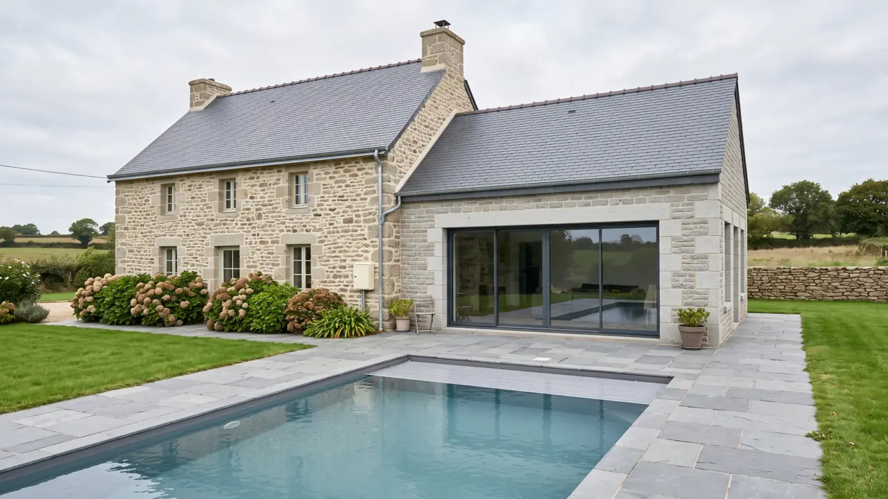 Extension latérale en pierre neuve servant de pièce de vie, toiture ardoise à double pente, grande baie vitrée ouvrant sur la terrasse et la piscine