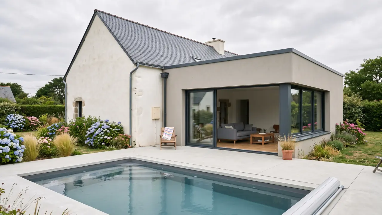Extension latérale enduite à toit plat servant de pièce de vie, baie coulissante toute largeur ouvrant de plain-pied sur la terrasse et la piscine