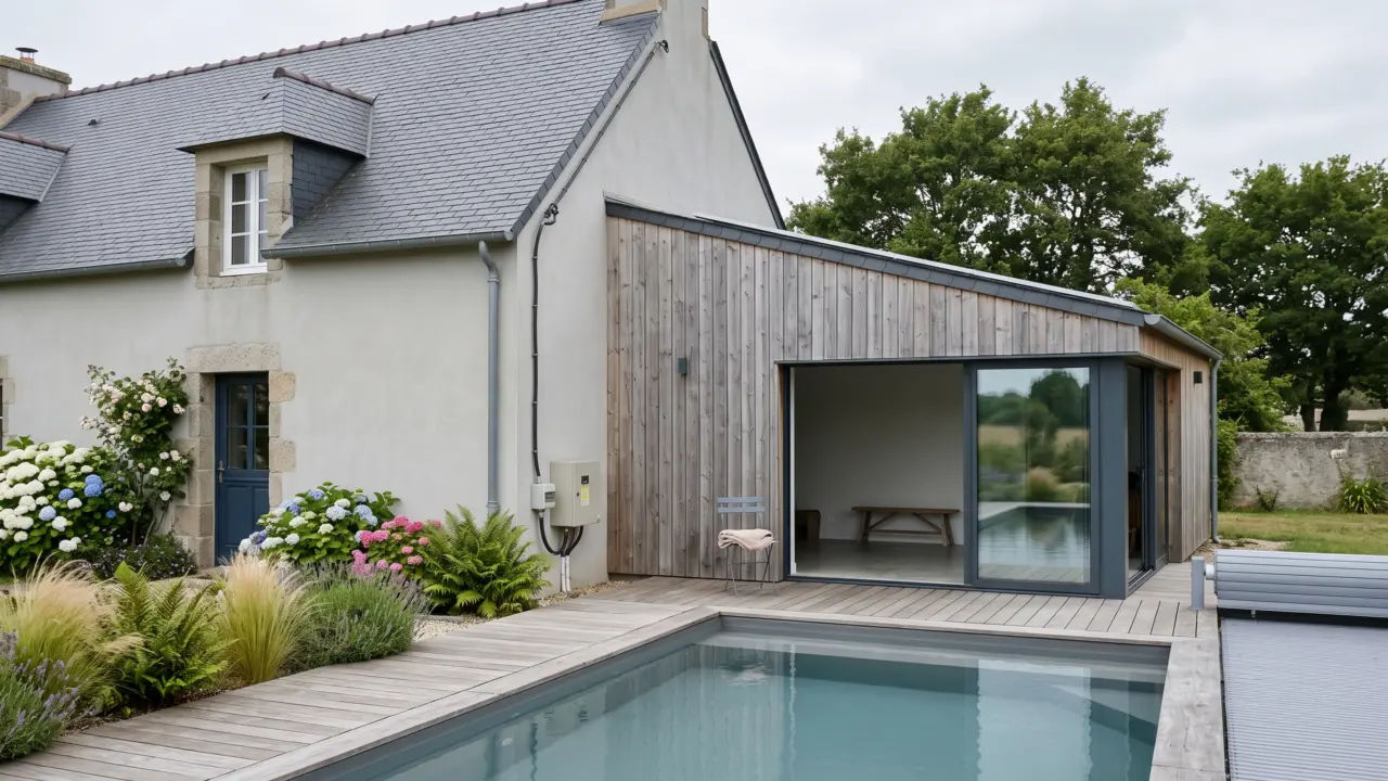 Pool house en bardage bois vertical accolé à une maison bretonne, toiture monopente en ardoise, baie coulissante ouverte sur le bassin