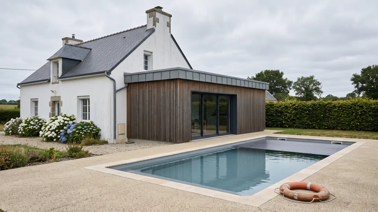 Pool house à toit plat en bardage bois à claire-voie, acrotère fin, grande ouverture coulissante face à la piscine