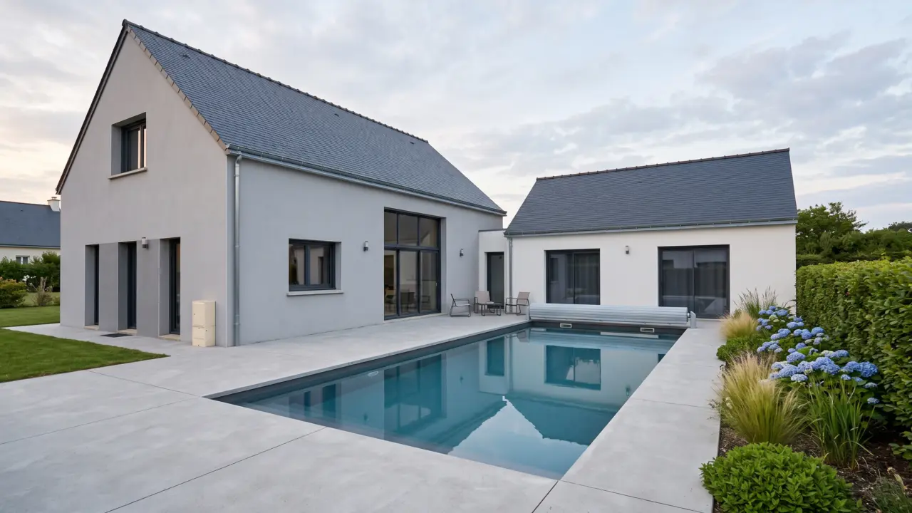 Pool house enduit avec toiture ardoise à double pente, accolé à une maison contemporaine, ouvertures tournées vers le bassin