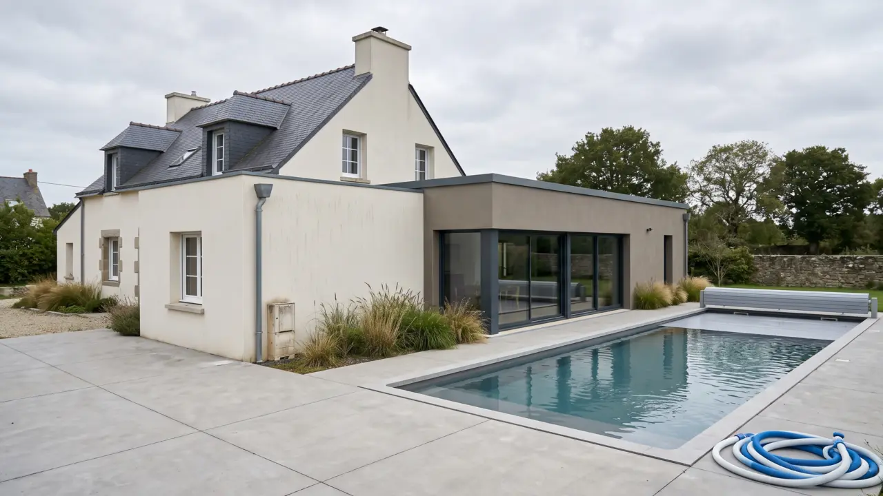Pool house enduit à toit plat accolé à une maison bretonne, baie coulissante toute largeur donnant sur le bassin