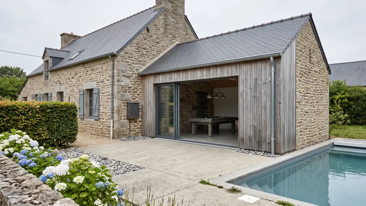 Pool house en ossature bois à bardage vertical grisé accolé au pignon d’une longère en pierre, toiture ardoise à double pente