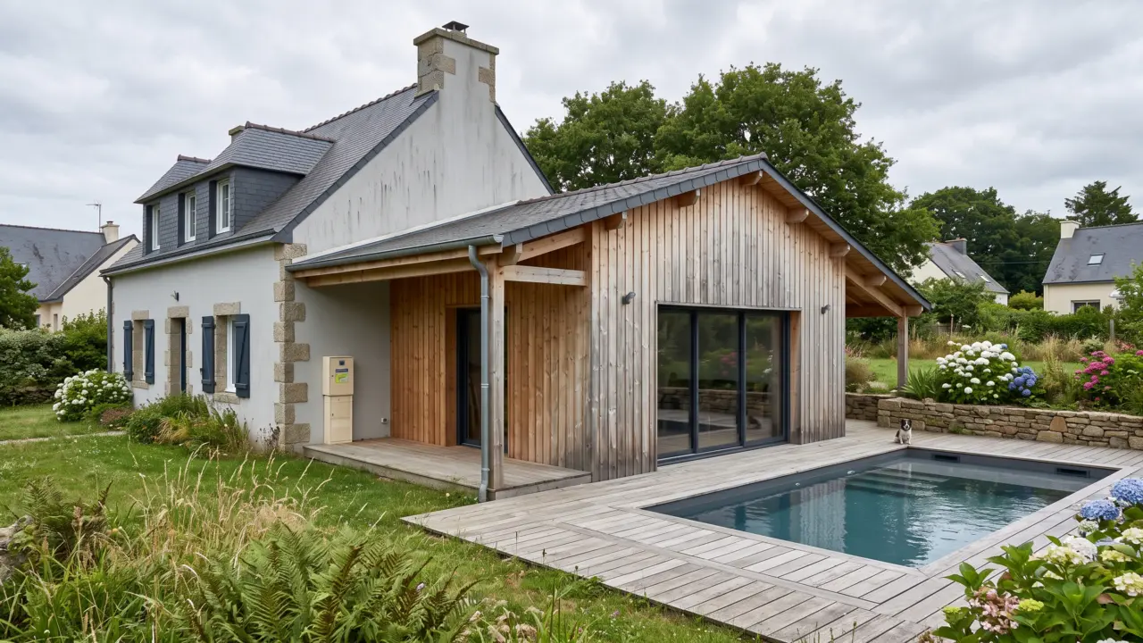 Pool house en ossature bois avec bardage mélèze, toiture monopente en ardoise et débord abritant une bande de terrasse