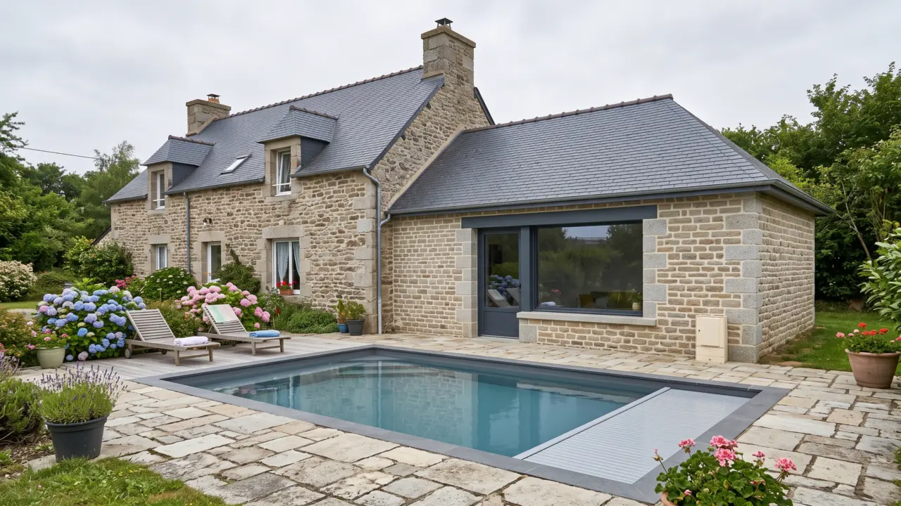 Pool house en pierre avec large porte-fenêtre à menuiserie gris anthracite, toiture ardoise à double pente, terrasse bois au bord du bassin