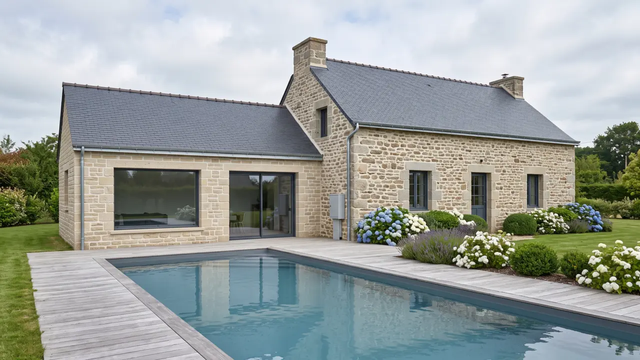 Pool house en pierre neuve en assises régulières accolé au pignon d’une maison bretonne rénovée, toiture ardoise à double pente