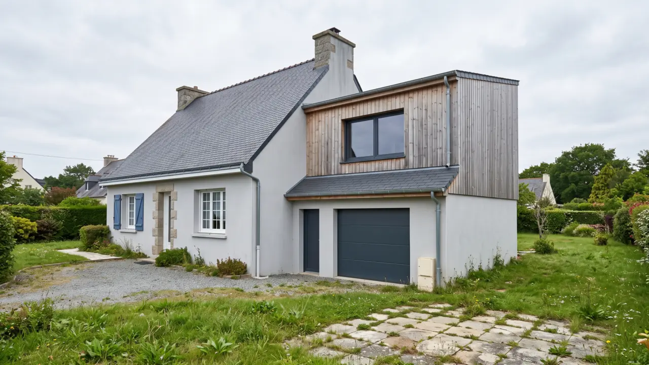 Surélévation en ossature bois d’un garage accolé, bardage bois vertical grisé, toiture monopente