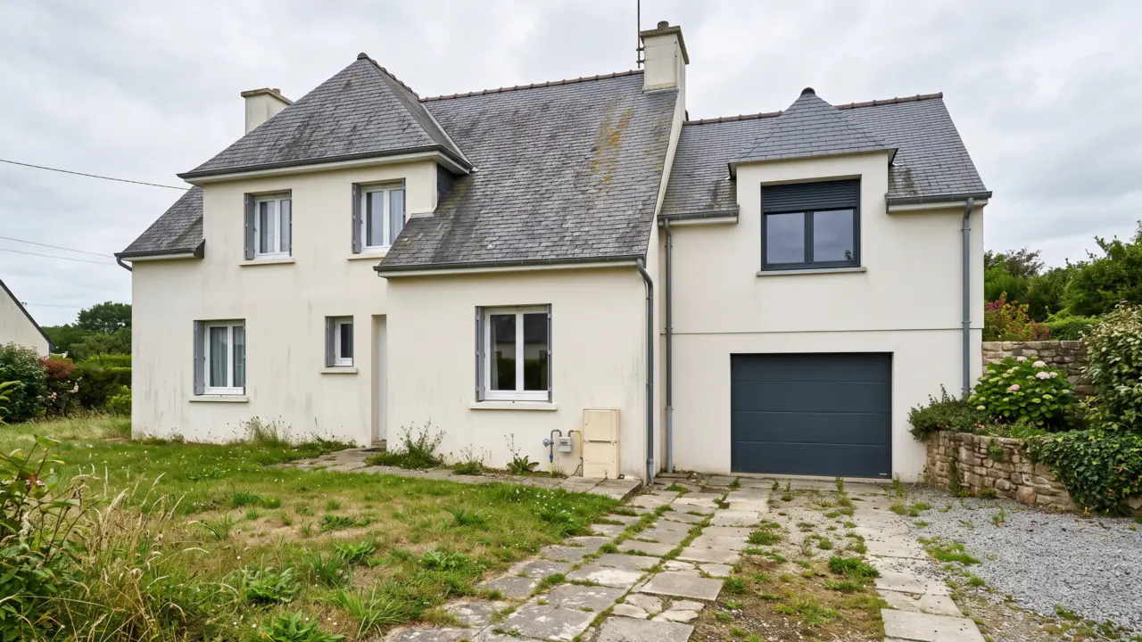 Surélévation enduite d’un garage accolé, toiture ardoise à double pente, fenêtre à menuiserie gris anthracite