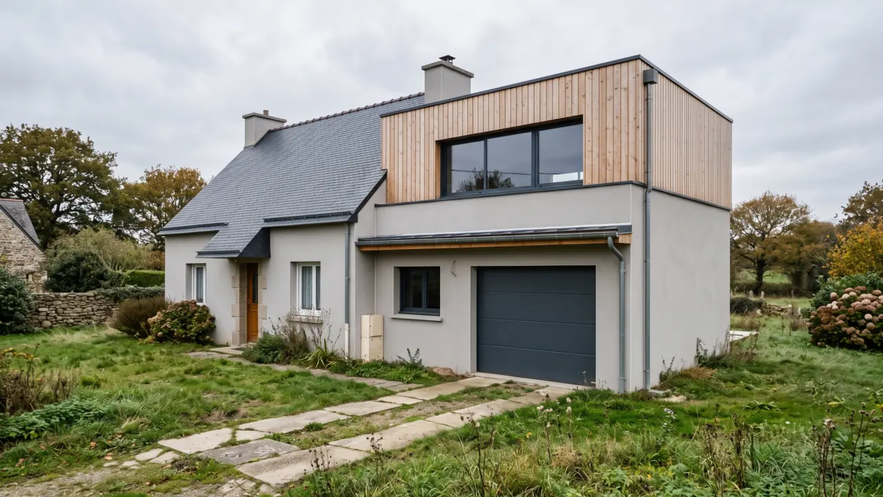 Surélévation à toit plat d’un garage accolé, soubassement enduit et bardage bois, baie vitrée gris anthracite