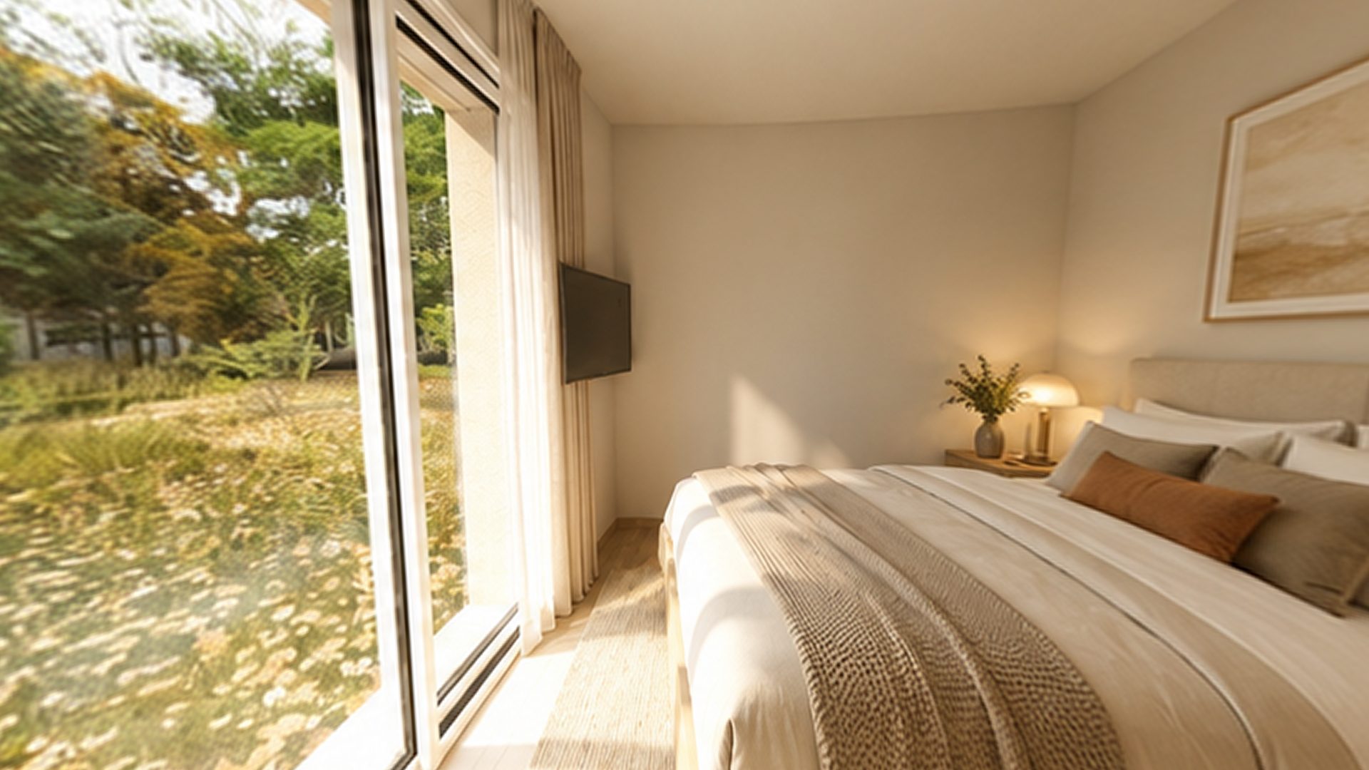 Étude 3D d’une chambre : le lit et la baie vitrée ouverte sur le jardin