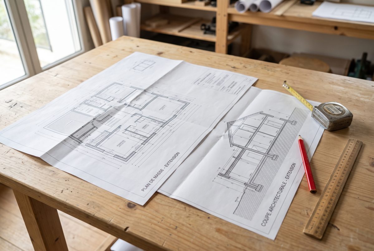 Plan de masse et coupe architecturale d’un projet d’extension posés sur une table d’étude