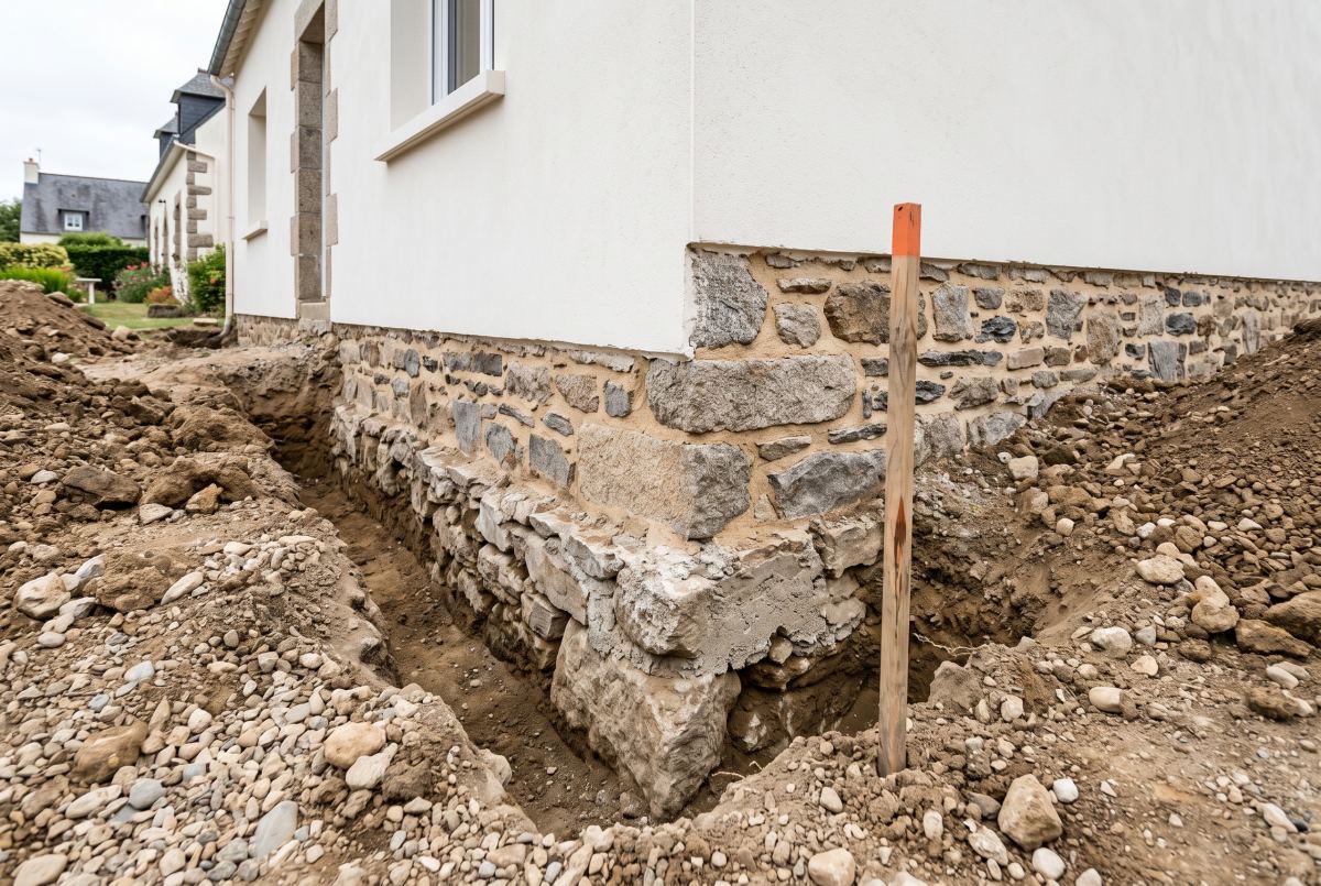 Fondation en pierre d’une maison bretonne mise à nu lors d’un relevé de l’existant