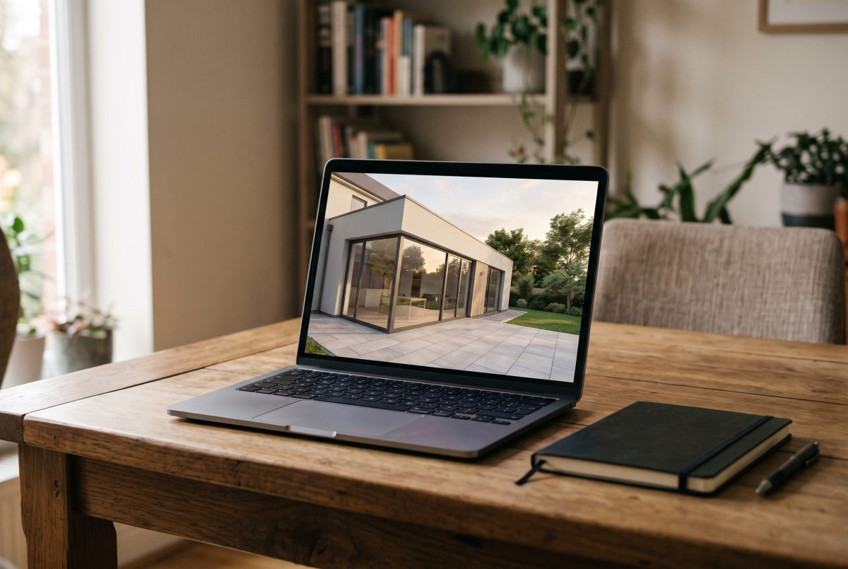 Vue 3D d’un projet d’extension présentée sur un ordinateur portable lors d’un rendez-vous à domicile