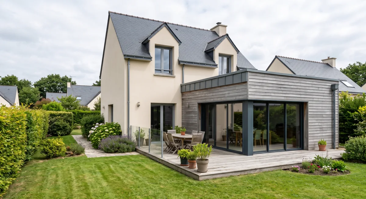Extension en ossature bois à bardage gris et toit plat, avec terrasse bois