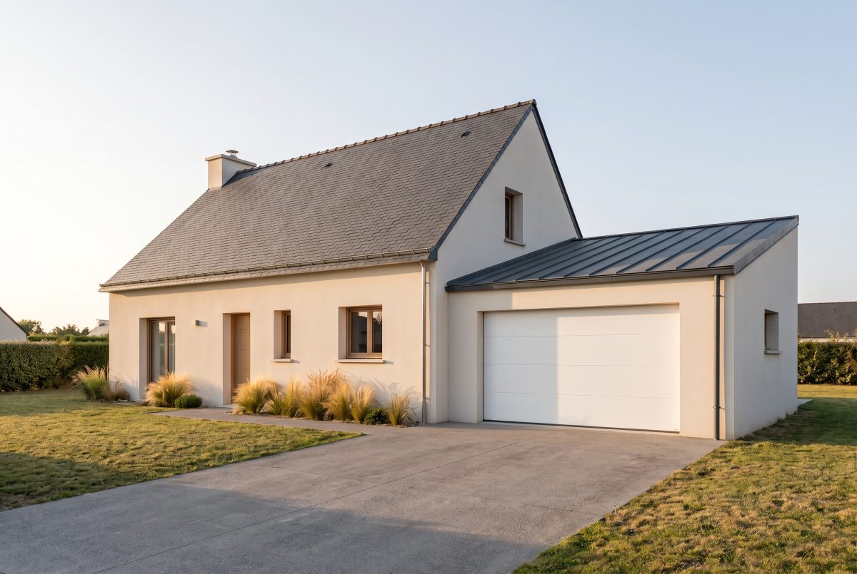 Garage accolé à une maison individuelle en Ille-et-Vilaine, toiture monopente en zinc