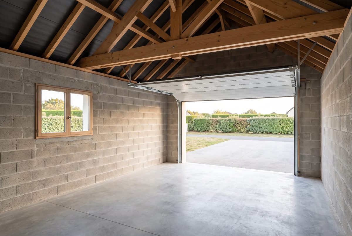 Intérieur d’un garage accolé avec une hauteur sous plafond permettant un aménagement ultérieur