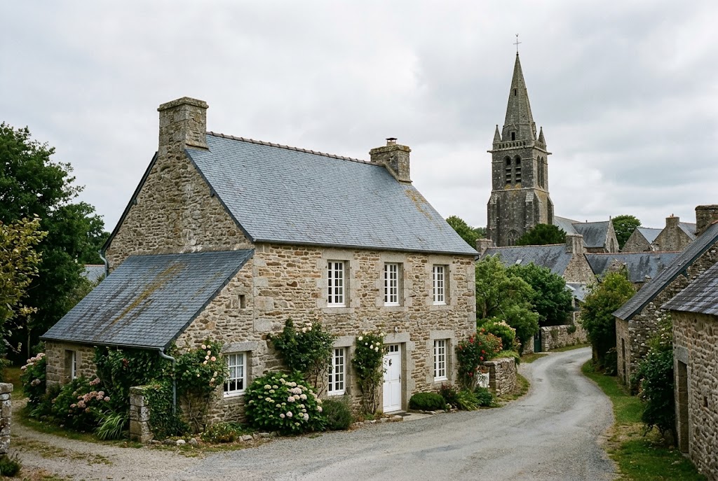 Maison en pierre au premier plan et clocher d’une église ancienne visible au-dessus des toits en arrière-plan