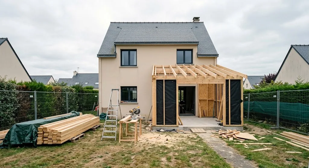 Chantier d’extension en ossature bois dans un jardin de lotissement