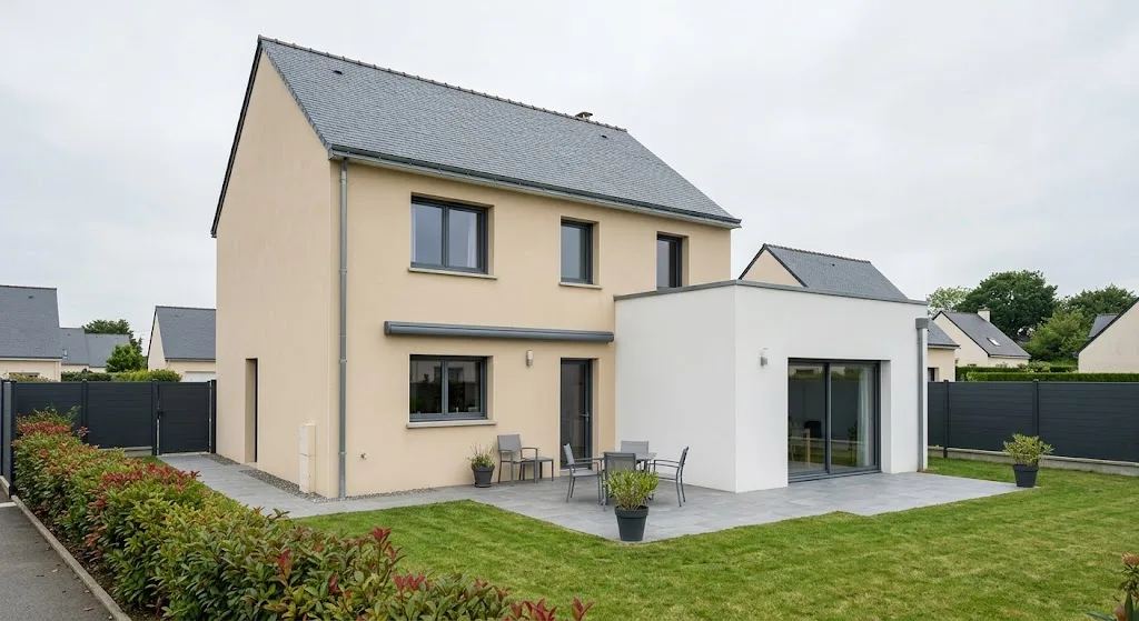 Extension à toit plat sur une maison de lotissement enduite, côté jardin