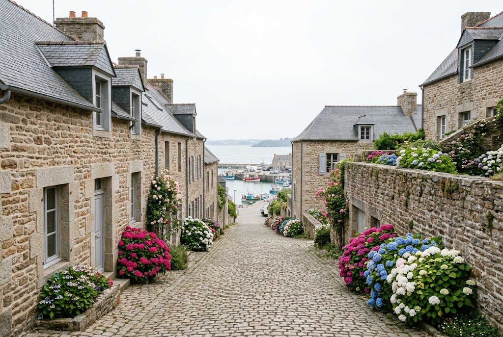 Ruelle étroite en pente bordée de maisons mitoyennes en granit dans un bourg littoral breton