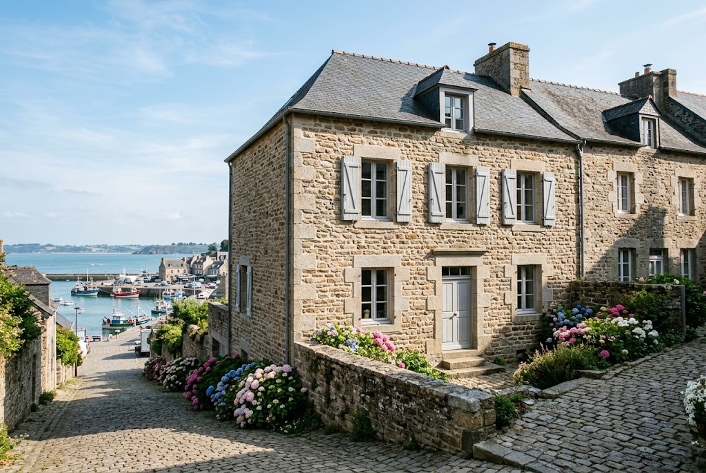 Maison de pays en granit apparent à Cancale, toiture d’ardoise et encadrements en pierre de taille