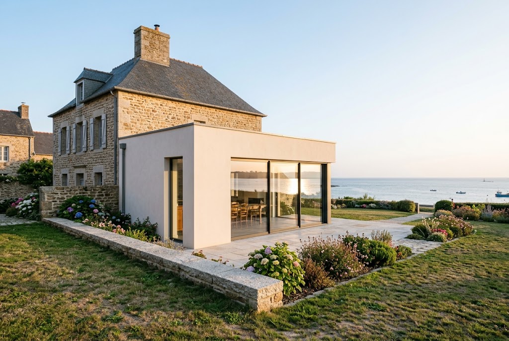 Extension contemporaine à toit plat greffée sur une maison en granit à Cancale, avec vue sur la mer