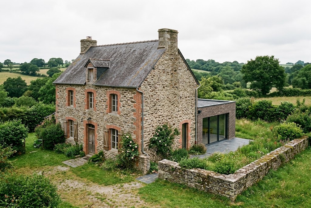 Extension contemporaine basse en brique greffée à l’arrière d’une maison en moellons de schiste à chaînages de brique