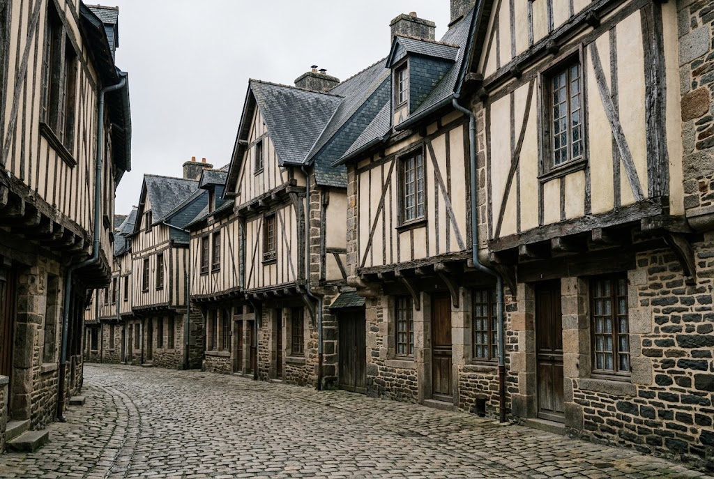 Rue étroite de Châteaugiron bordée de maisons à pans de bois à encorbellement sur soubassement de schiste