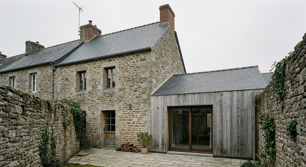 Extension basse en bardage bois vertical teinté gris sur une maison de bourg en granit, ouvrant sur une cour close