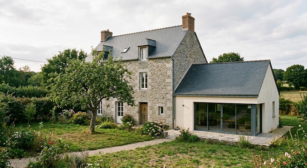 Extension contemporaine en enduit clair et toiture ardoise raccordée à une maison bretonne en granit