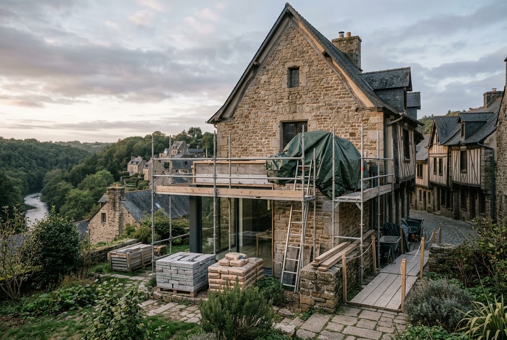 Chantier d’extension dans une parcelle étroite avec mur mitoyen, matériaux sur palettes et échafaudage compact, sans grue