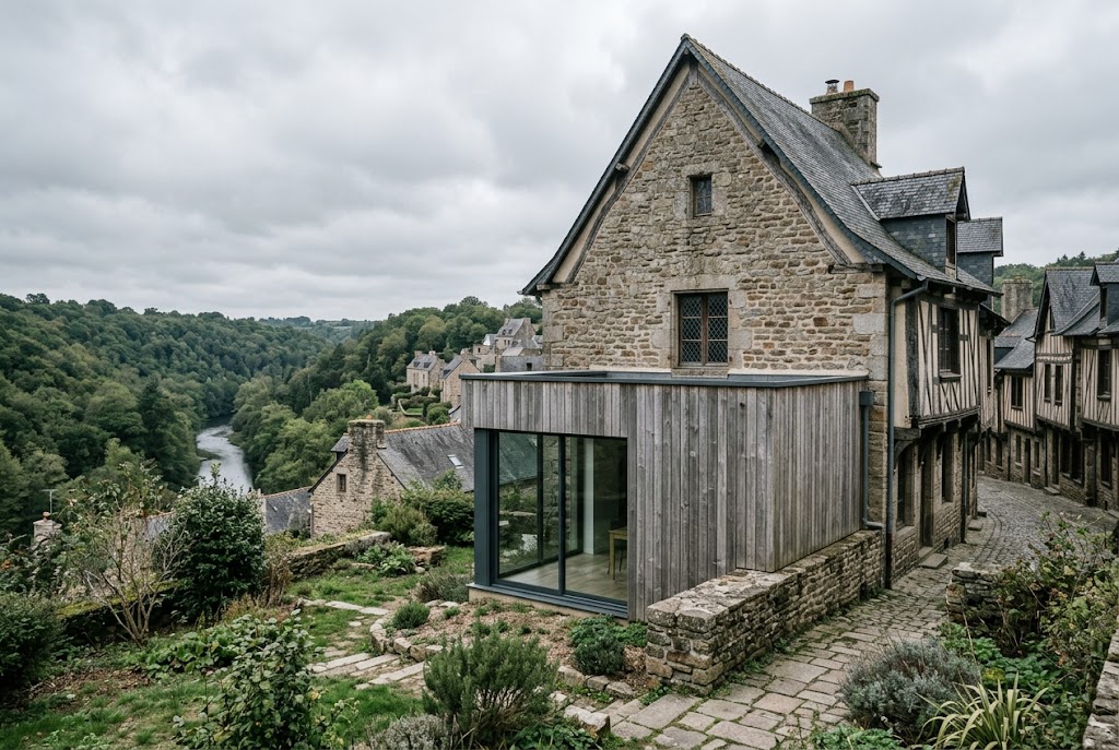 Extension contemporaine basse à toiture terrasse greffée sur une maison en granite dominant la vallée de la Rance