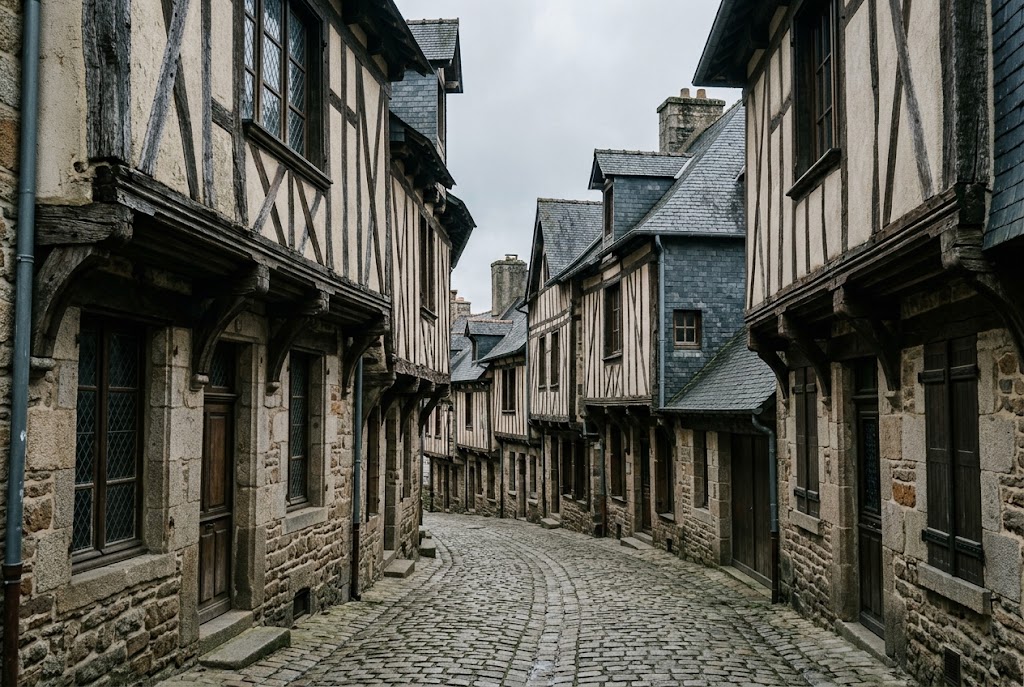 Rue étroite de Dinan bordée de maisons à pans de bois à encorbellement, rez-de-chaussée en granite et toitures d’ardoise