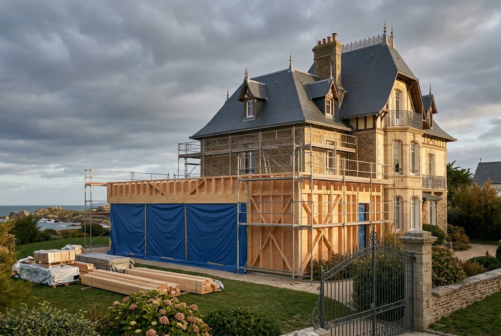Chantier d’extension en ossature bois à l’arrière d’une maison en pierre, échafaudage et protections en place
