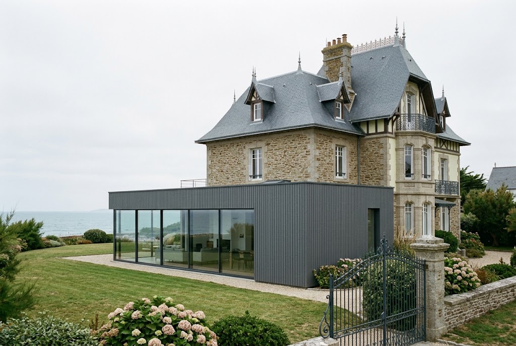 Extension contemporaine de plain-pied à toiture terrasse greffée à l’arrière d’une villa dinardaise en pierre