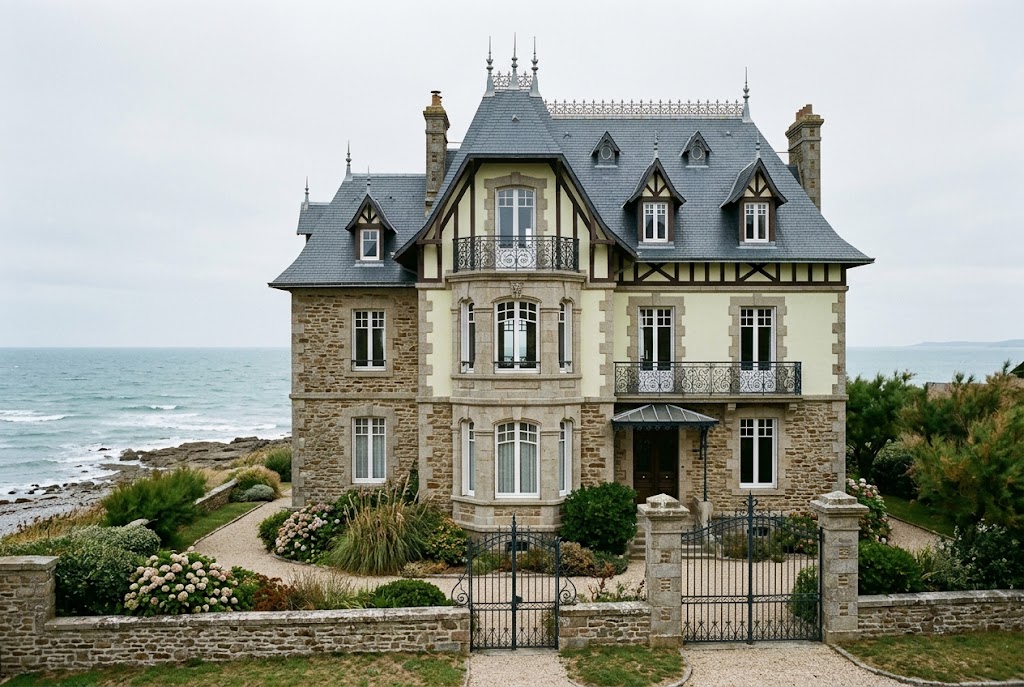 Villa balnéaire dinardaise en pierre et enduit clair, bow-window, ferronneries et toiture d’ardoise à lucarnes