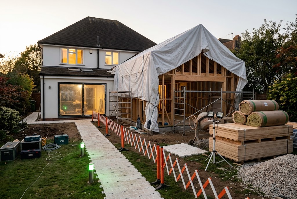 Chantier d’extension à l’arrière d’une maison habitée, protections en place et cheminement balisé