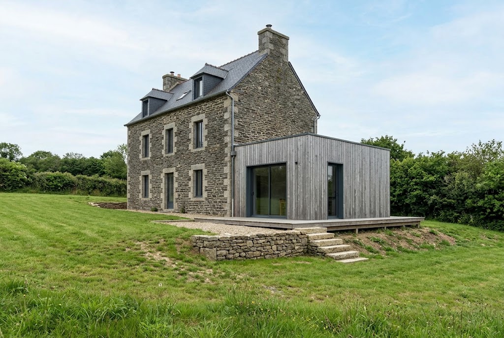 Extension contemporaine en contrebas d’une maison ancienne, sur terrain en pente avec mur de soutènement en pierre