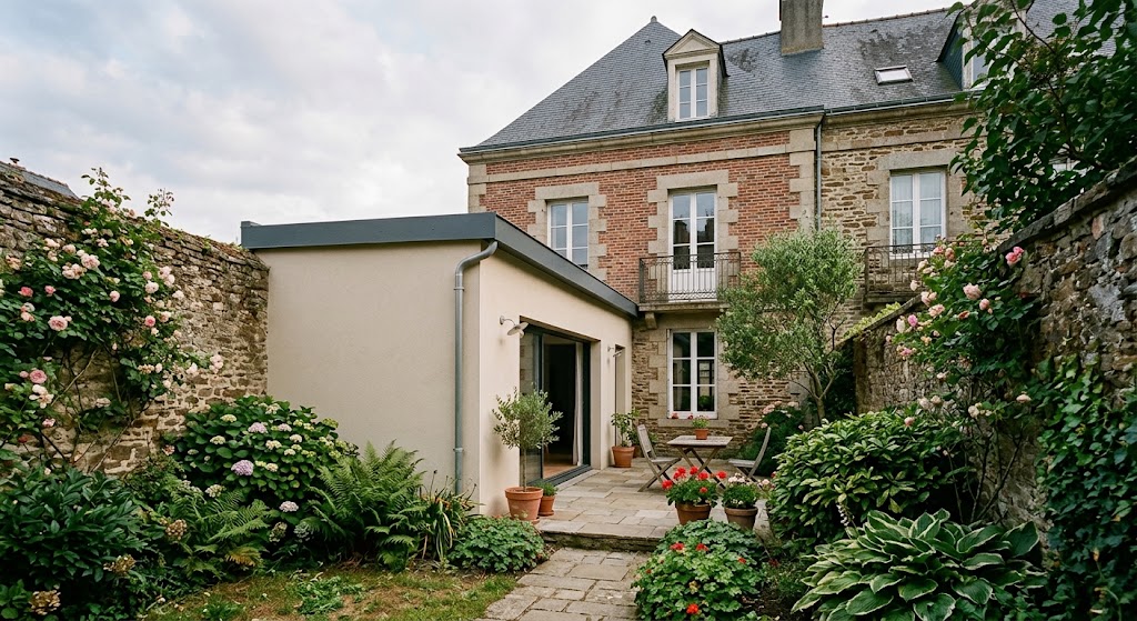 Extension contemporaine en fond de jardin sur une maison de ville rennaise en brique et pierre