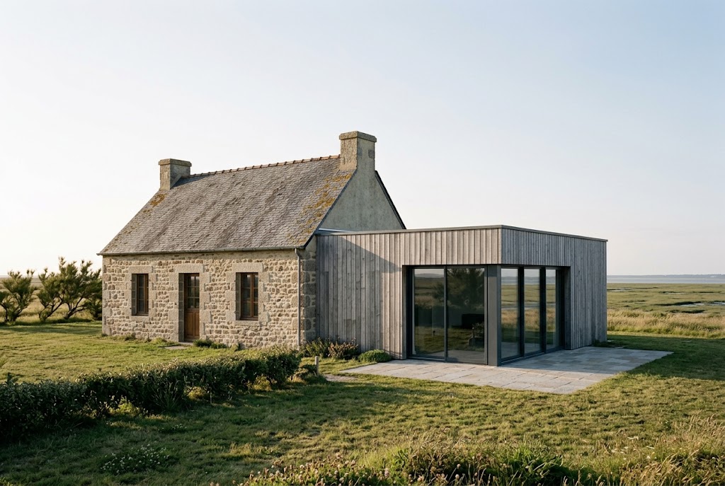 Extension contemporaine à bardage bois pré-grisé greffée sur une maison en pierre de la baie