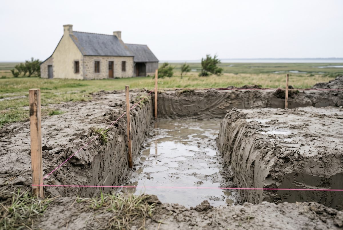 Fouille de fondation sur un terrain de bord de baie, sol limoneux humide avec venue d’eau
