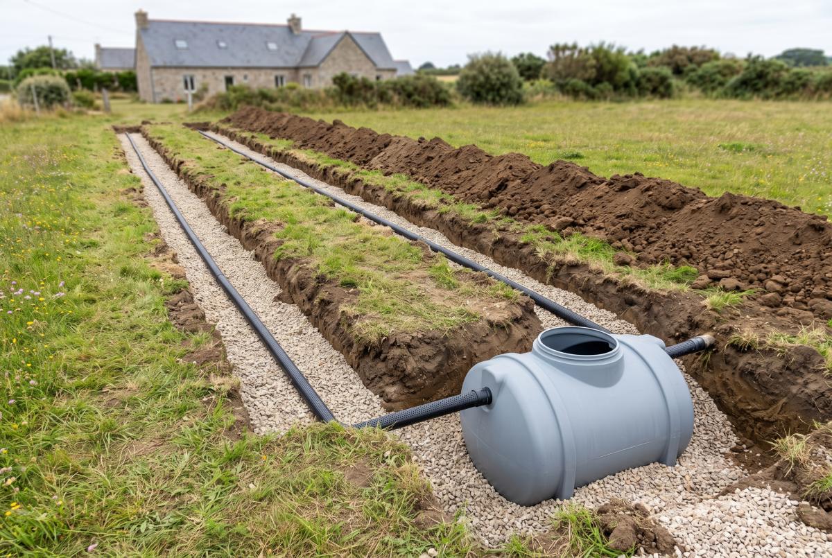 Tranchées d’épandage d’une filière d’assainissement non collectif en cours de pose sur un terrain rural