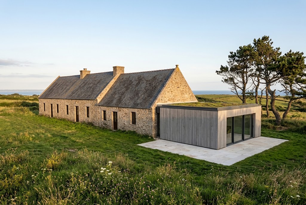 Extension contemporaine à toit plat greffée sur une longère en granit à Saint-Coulomb