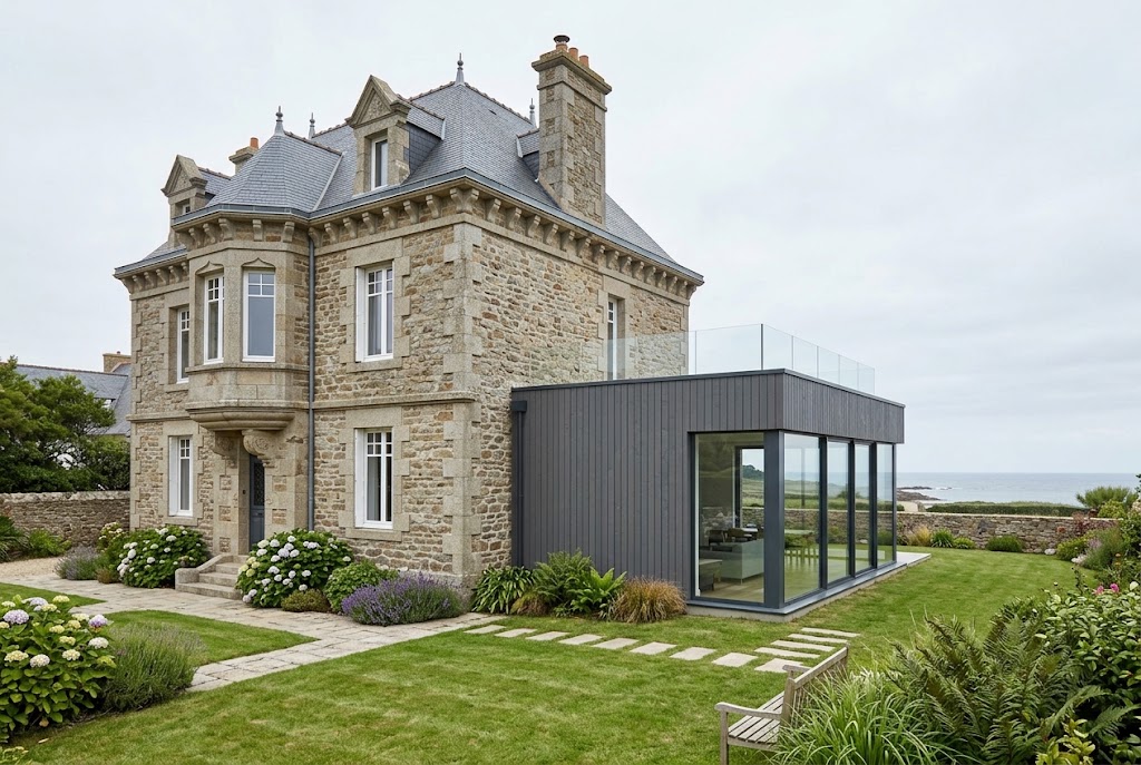 Extension contemporaine à toiture terrasse et bardage sombre greffée à l’arrière d’une villa balnéaire en pierre