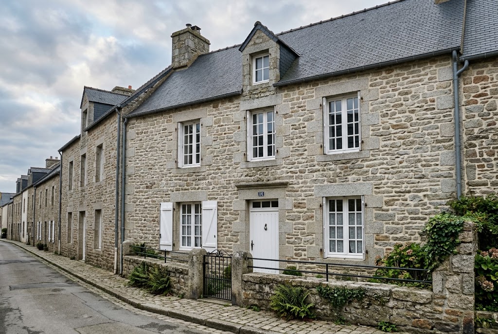 Maison de ville malouine en pierre claire, toiture d’ardoise et encadrements de granit, dans un alignement de rue