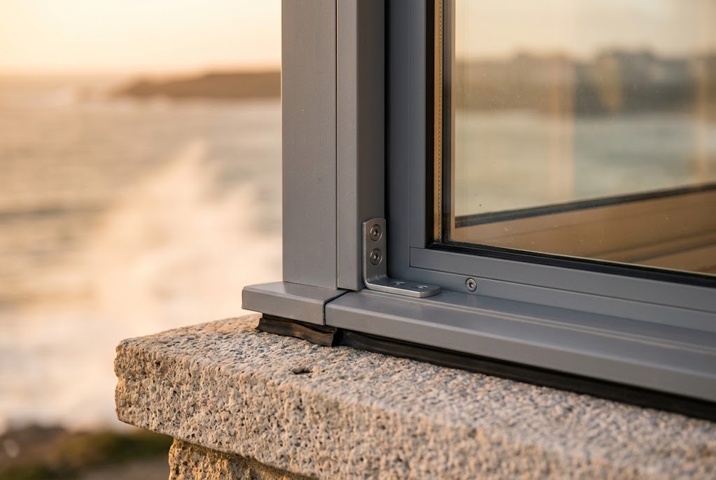 Détail d’angle d’une baie vitrée à profilés aluminium sombres sur une façade exposée au littoral