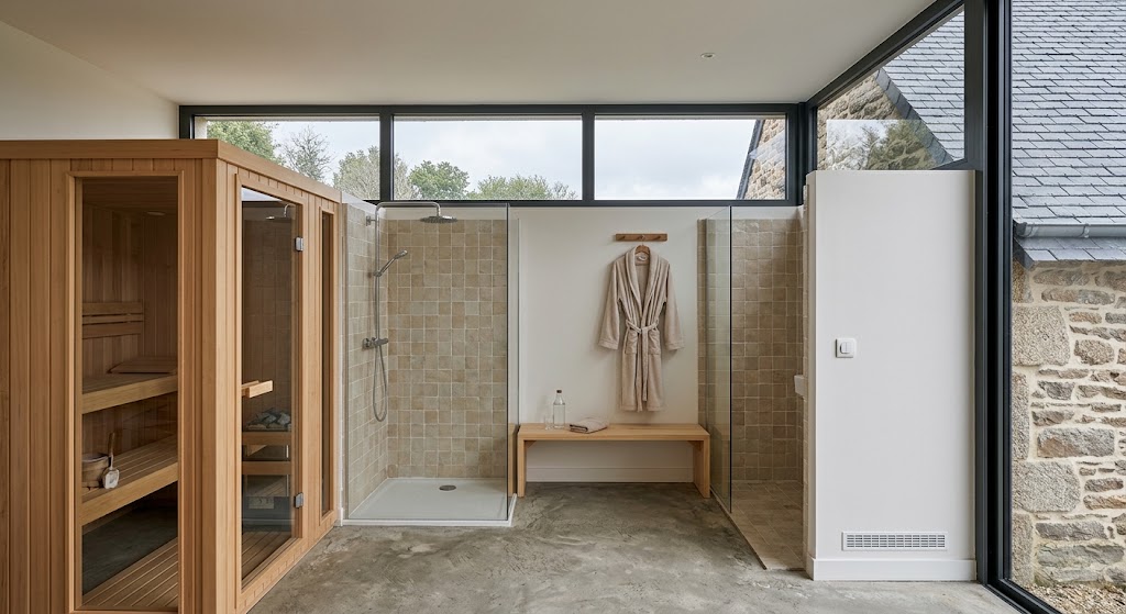 Extension bien-être adossée à une maison bretonne, cabine de sauna en bois clair et douche carrelée, lumière du matin