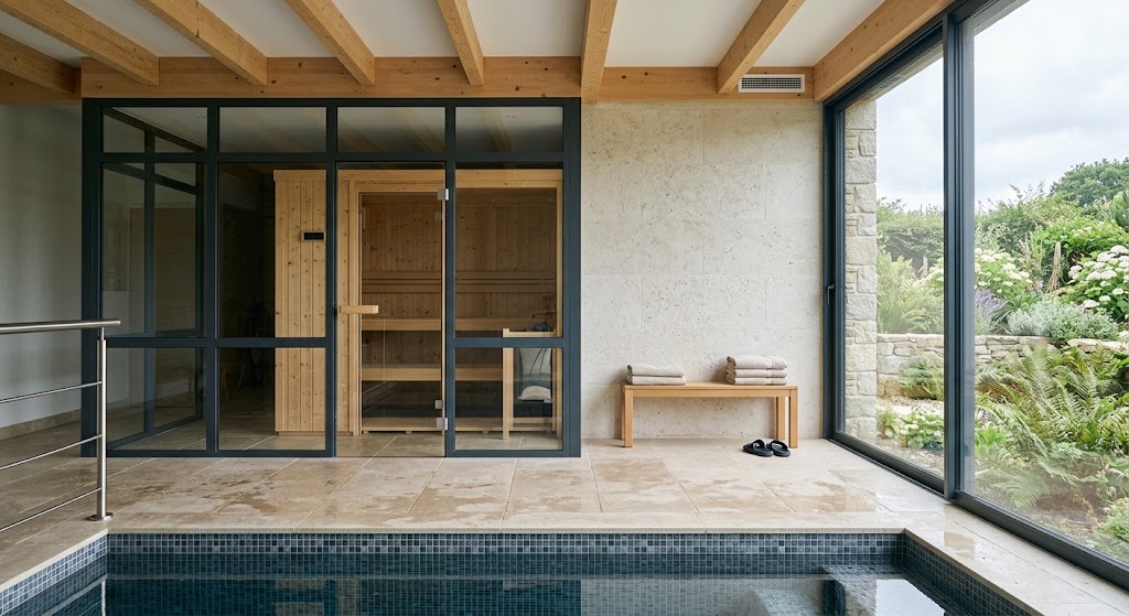 Pièce bien-être attenante à un bassin intérieur, cabine de sauna en bois clair derrière une paroi vitrée