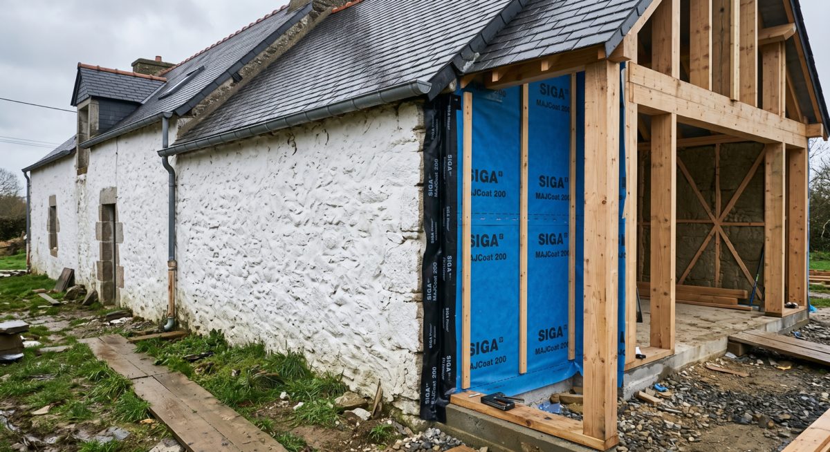 Jonction entre une maison existante et une extension en cours, membrane d’étanchéité à l’air agrafée et adhésif de raccord