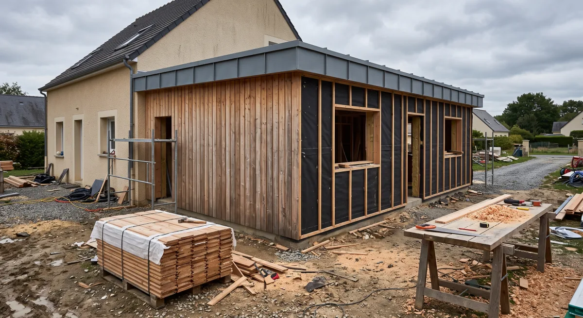 Extension en ossature bois en cours de bardage, toiture zinc posée